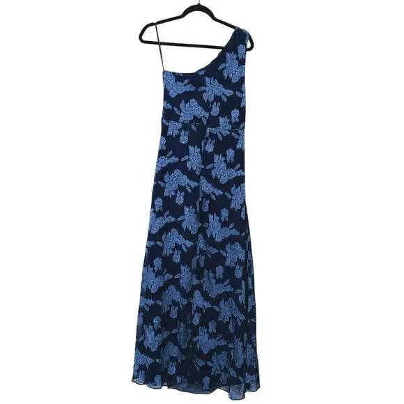 Lulus One Shoulder Floral Jacquard Maxi Dress Medium Navy Blue Wedding Guest - Picture 4 of 12
